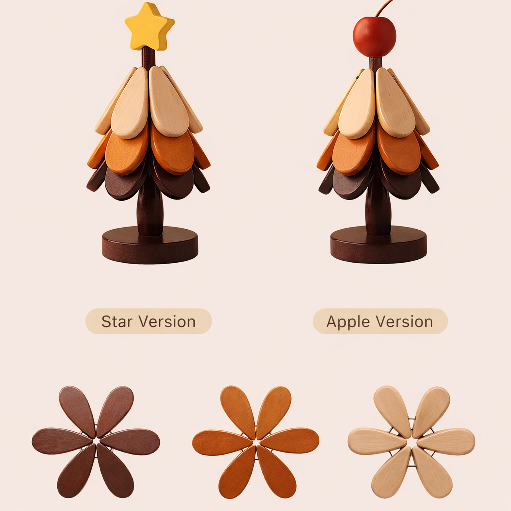 Wooden Christmas Tree Trivet & Foldable Coaster Set