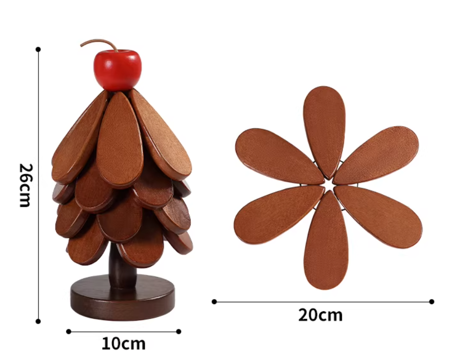 Wooden Christmas Tree Trivet & Foldable Coaster Set